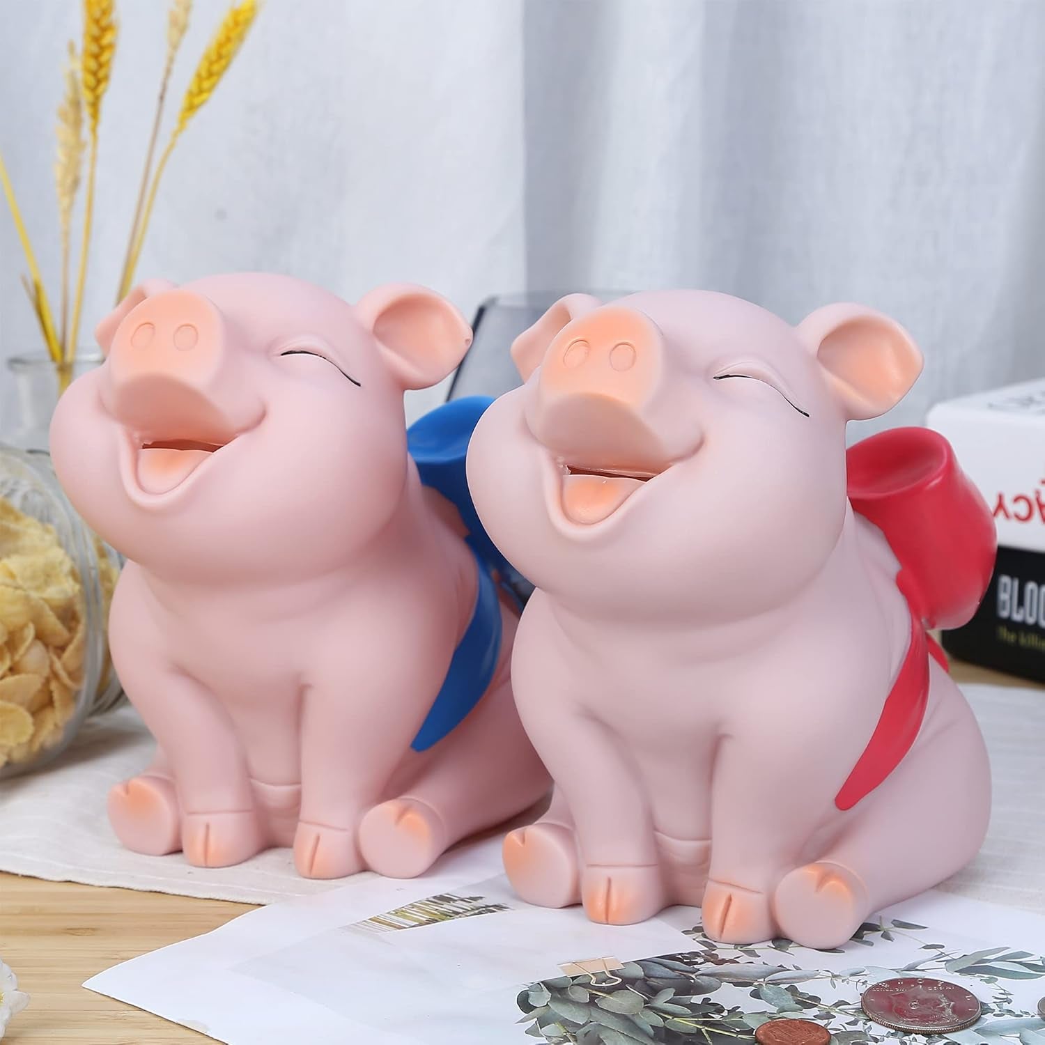 Piggy Bank with Red Bow-Knot,  Lovely Pig Coin Bank, Creative Shatterproof Gift Money Bank, Can Store 1000 Coins