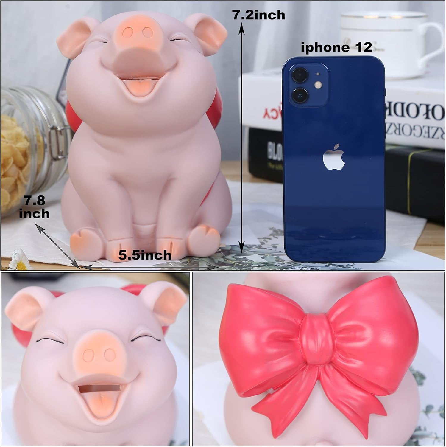 Piggy Bank with Red Bow-Knot,  Lovely Pig Coin Bank, Creative Shatterproof Gift Money Bank, Can Store 1000 Coins