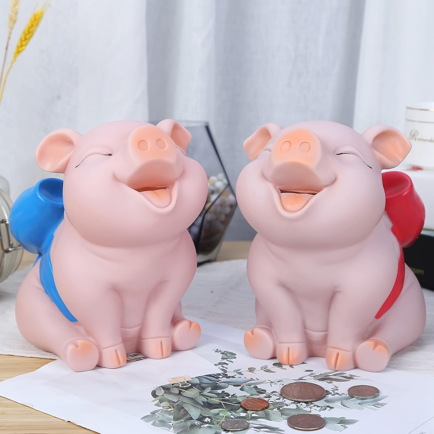 Piggy Bank with Red Bow-Knot,  Lovely Pig Coin Bank, Creative Shatterproof Gift Money Bank, Can Store 1000 Coins