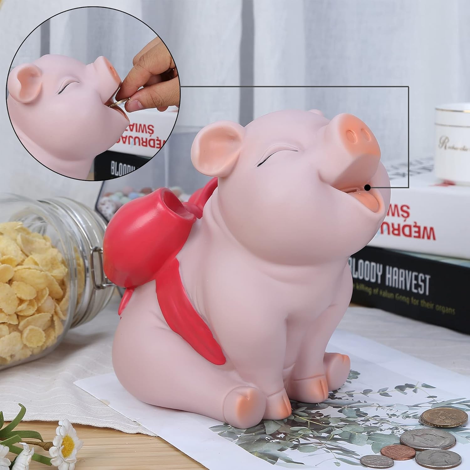 Piggy Bank with Red Bow-Knot,  Lovely Pig Coin Bank, Creative Shatterproof Gift Money Bank, Can Store 1000 Coins