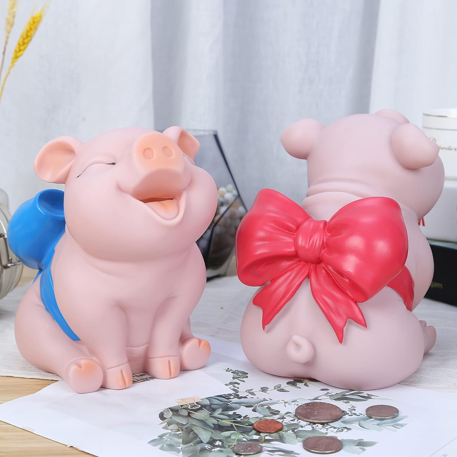Piggy Bank with Red Bow-Knot,  Lovely Pig Coin Bank, Creative Shatterproof Gift Money Bank, Can Store 1000 Coins