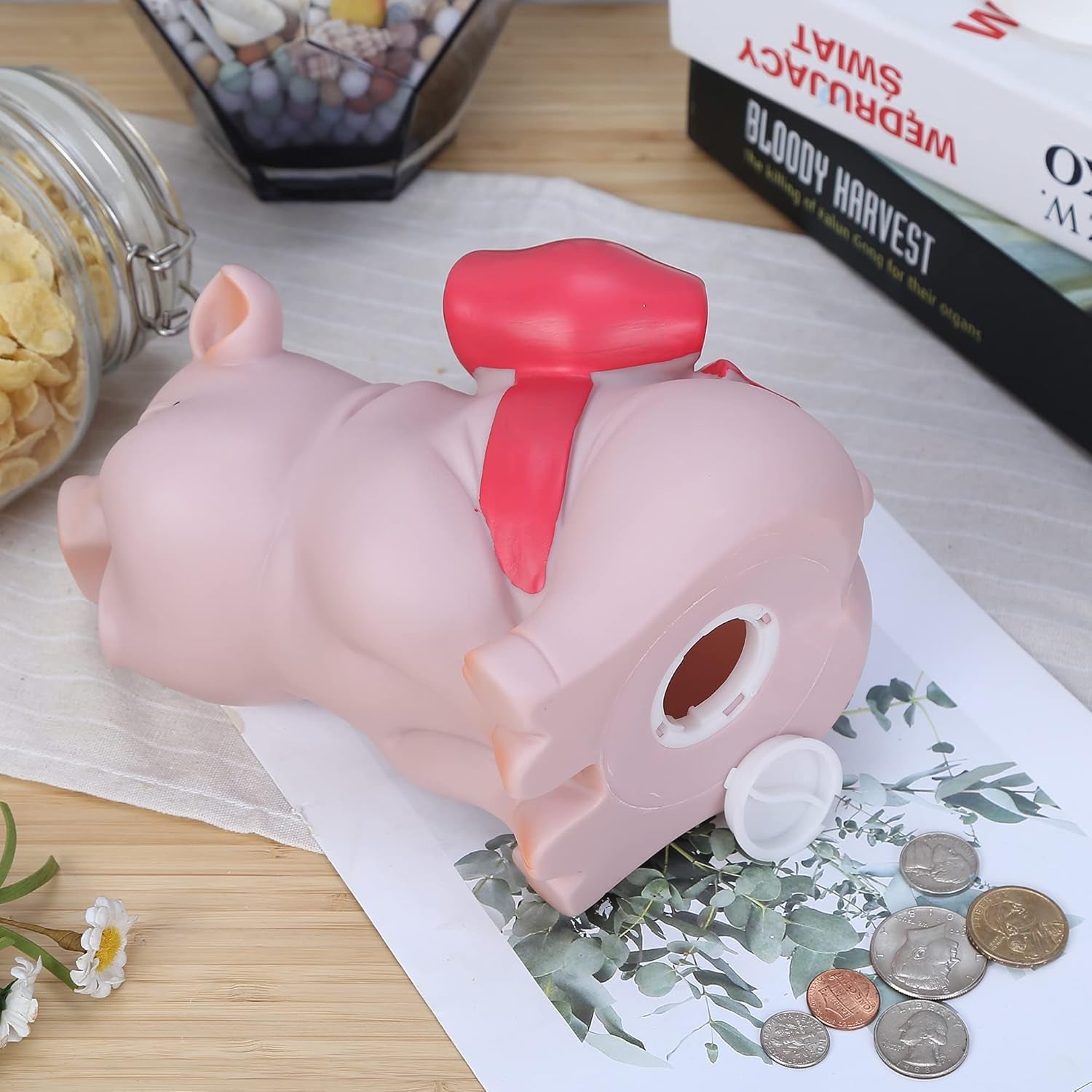 Piggy Bank with Red Bow-Knot,  Lovely Pig Coin Bank, Creative Shatterproof Gift Money Bank, Can Store 1000 Coins